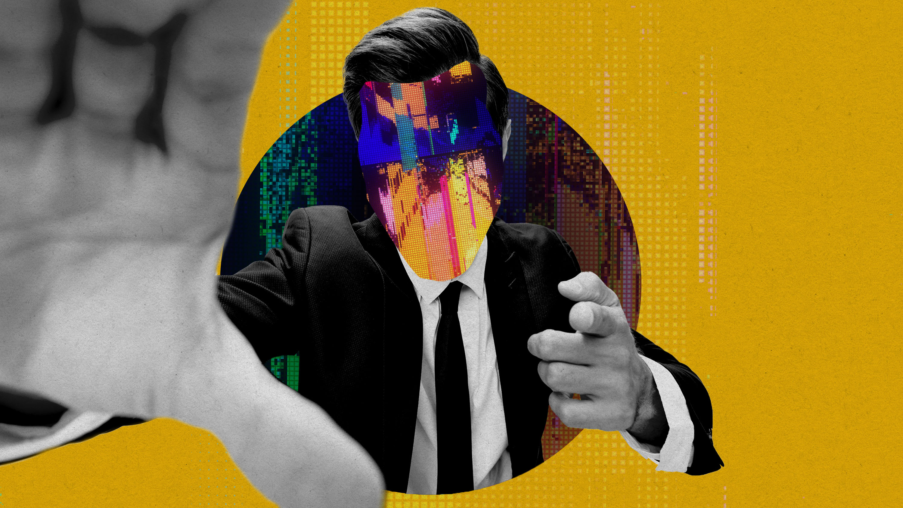 A photo illustration shows a man with a digital glitchy face, with a hand outstretched toward the viewer.