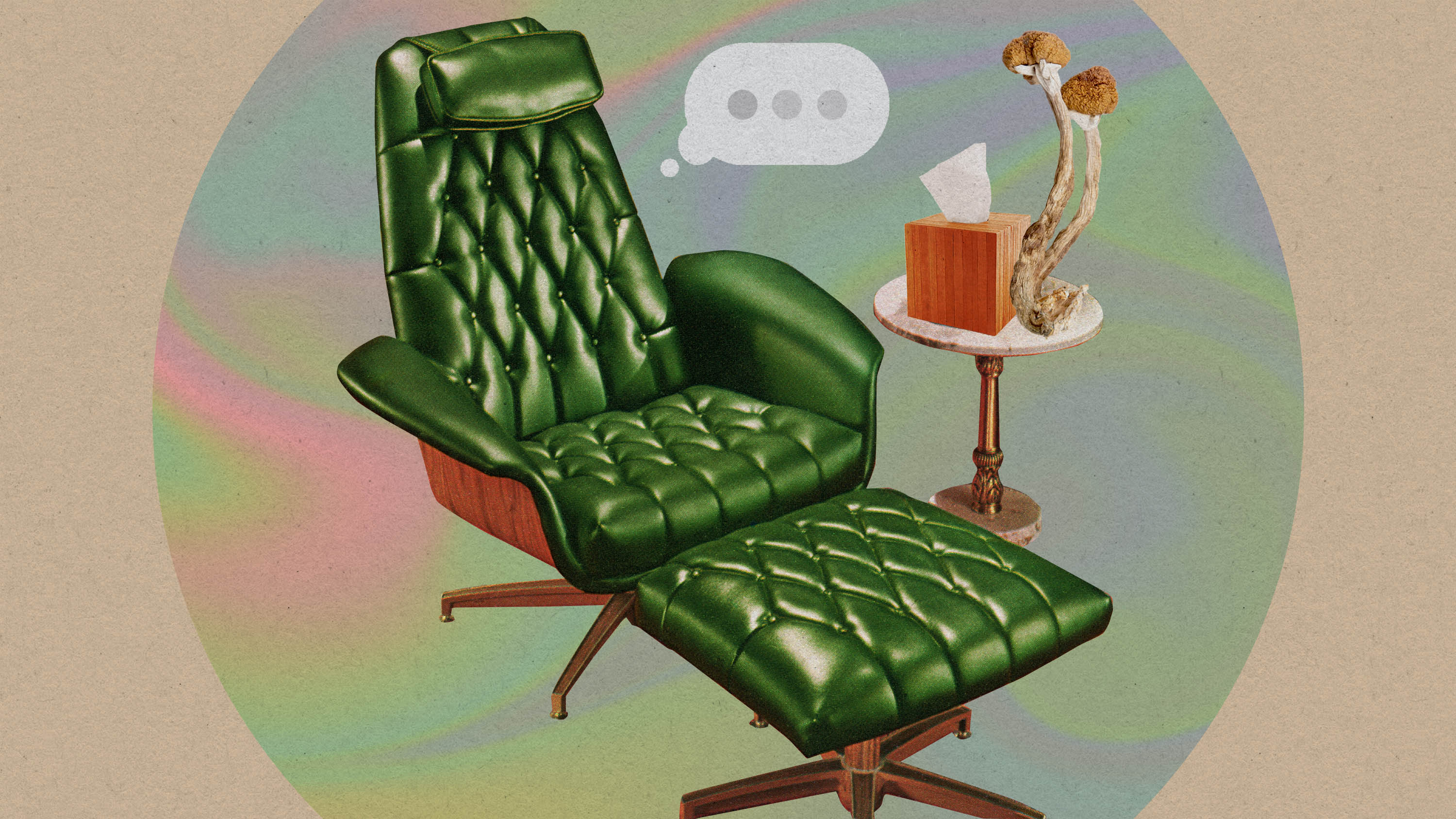 A photo illustration shows a therapist's chair with psychedelic mushrooms, with a speech bubble.