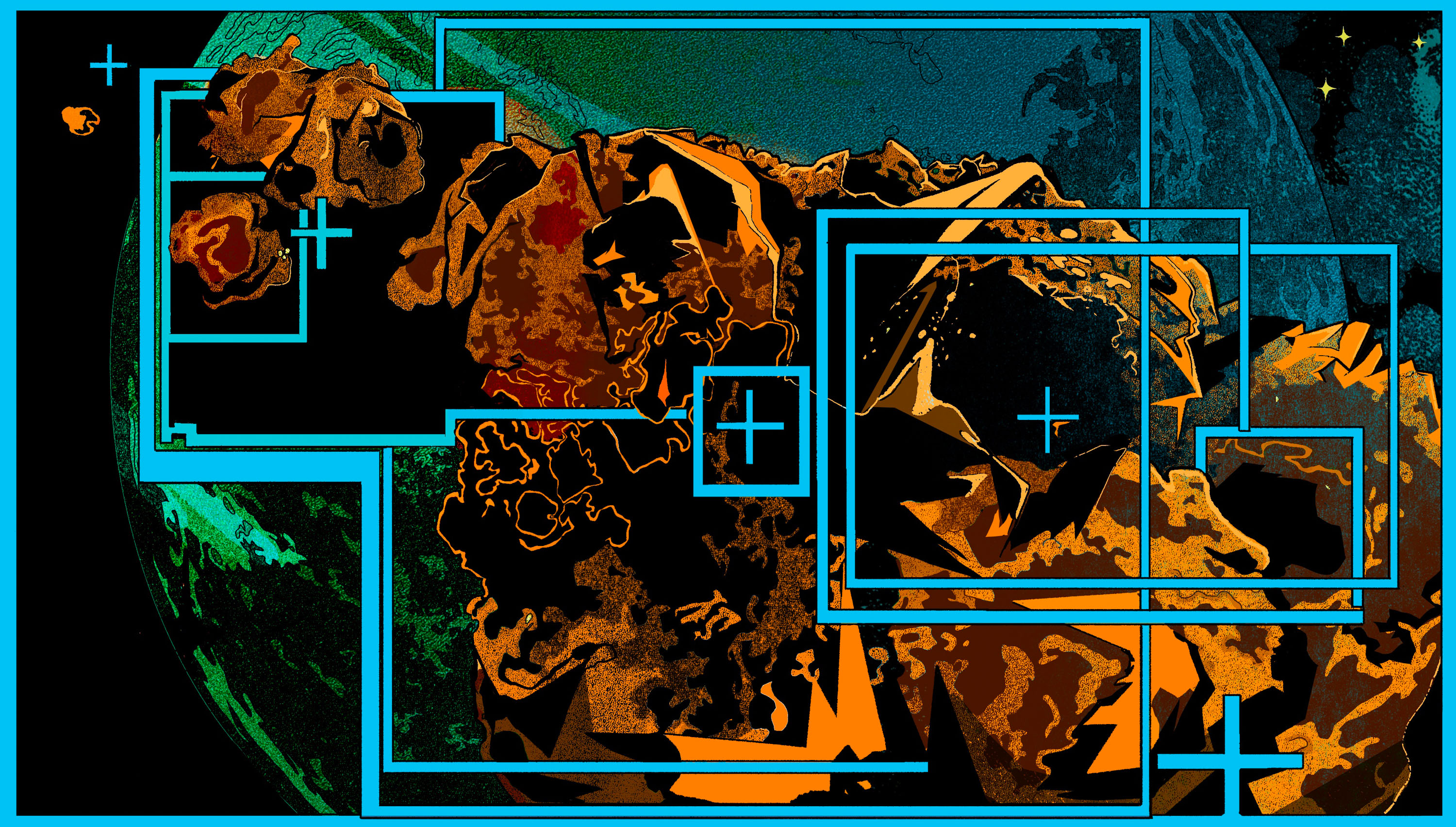 many ui windows framing different views of an asteroid on the way to Earth