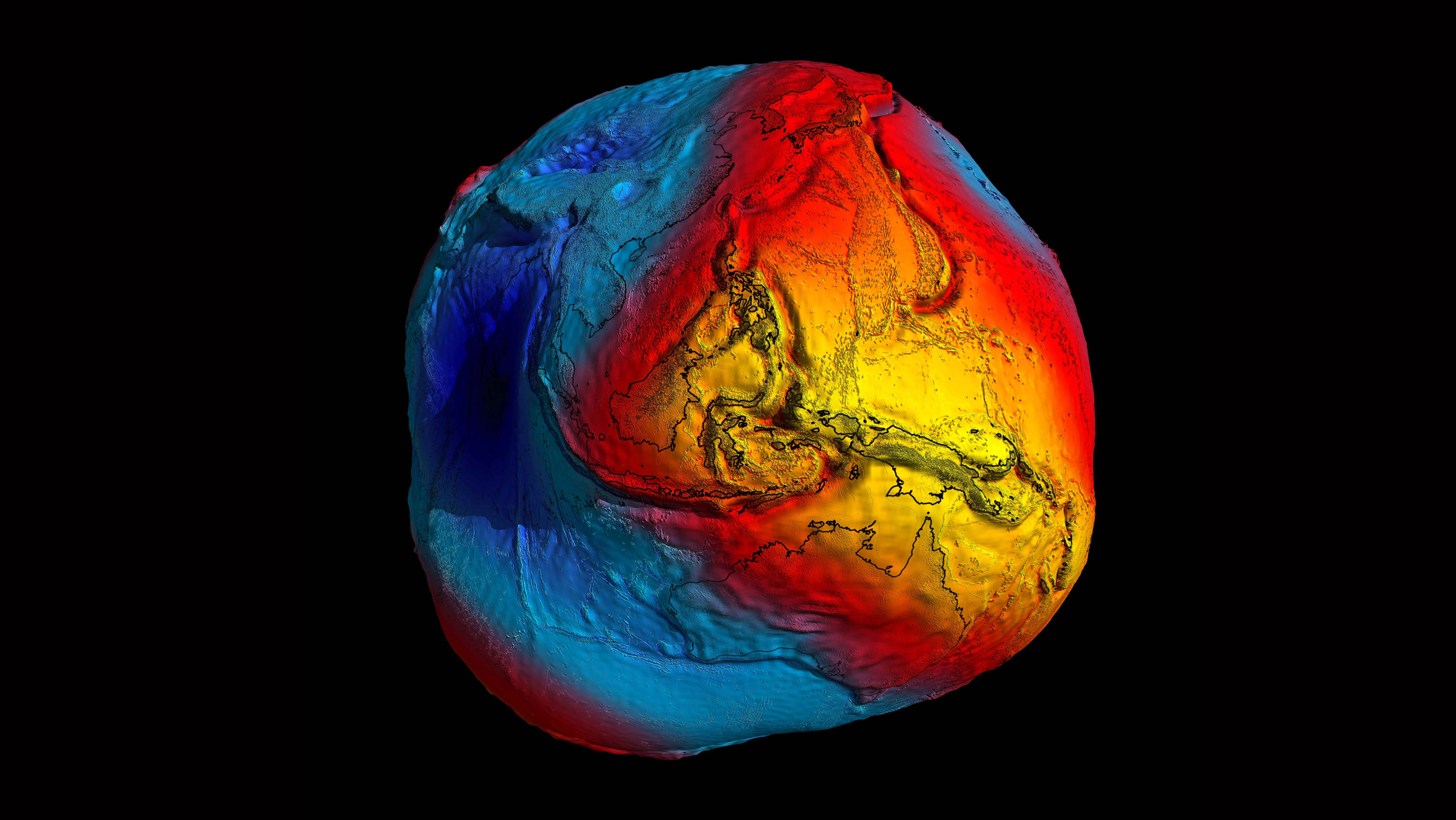 Model in false color of the Earth&#039;s shape. The colors in the image represent deviations in height (–100 m to +100 m) from an ideal geoid.