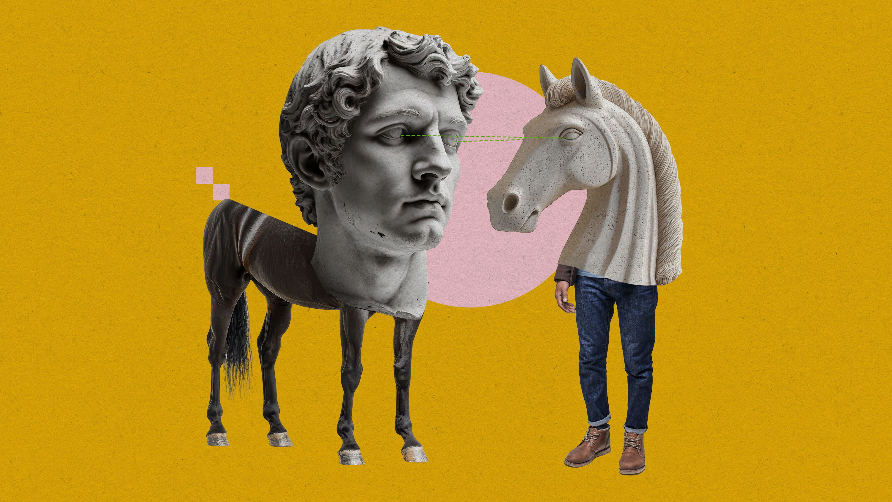 human bust sculpture on horse legs and a chess knight on human legs stare at each other