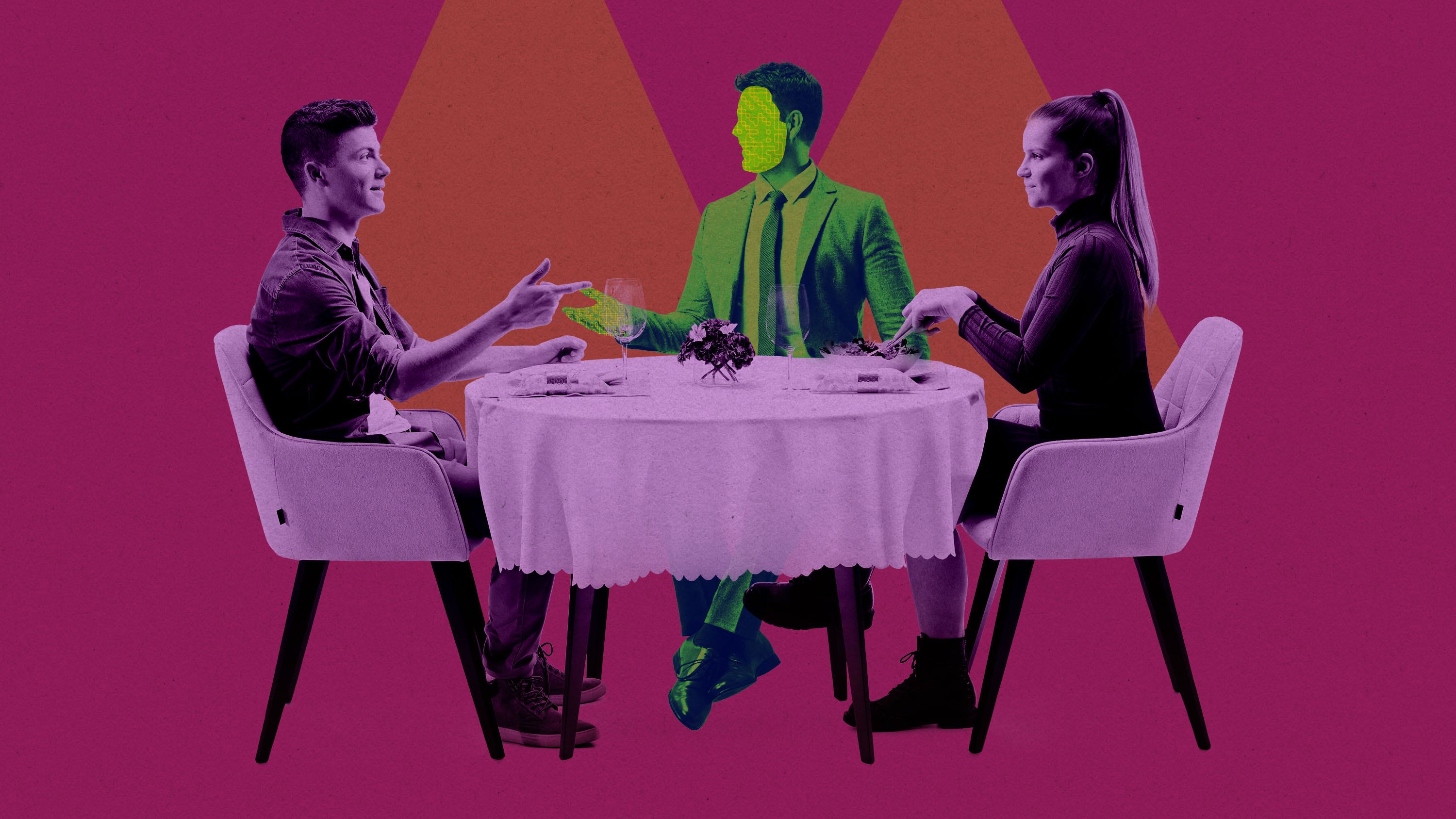 a couple talking at the dinner table with an AI agent sitting between them