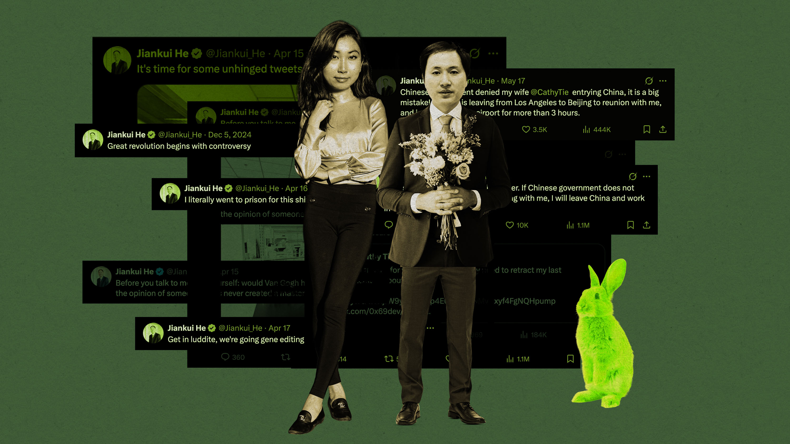 composited images of Cathy Tie and Jiankui He, who is holding a bouquet of flowers and standing near a glowing rabbit and a wall of snippets from X.