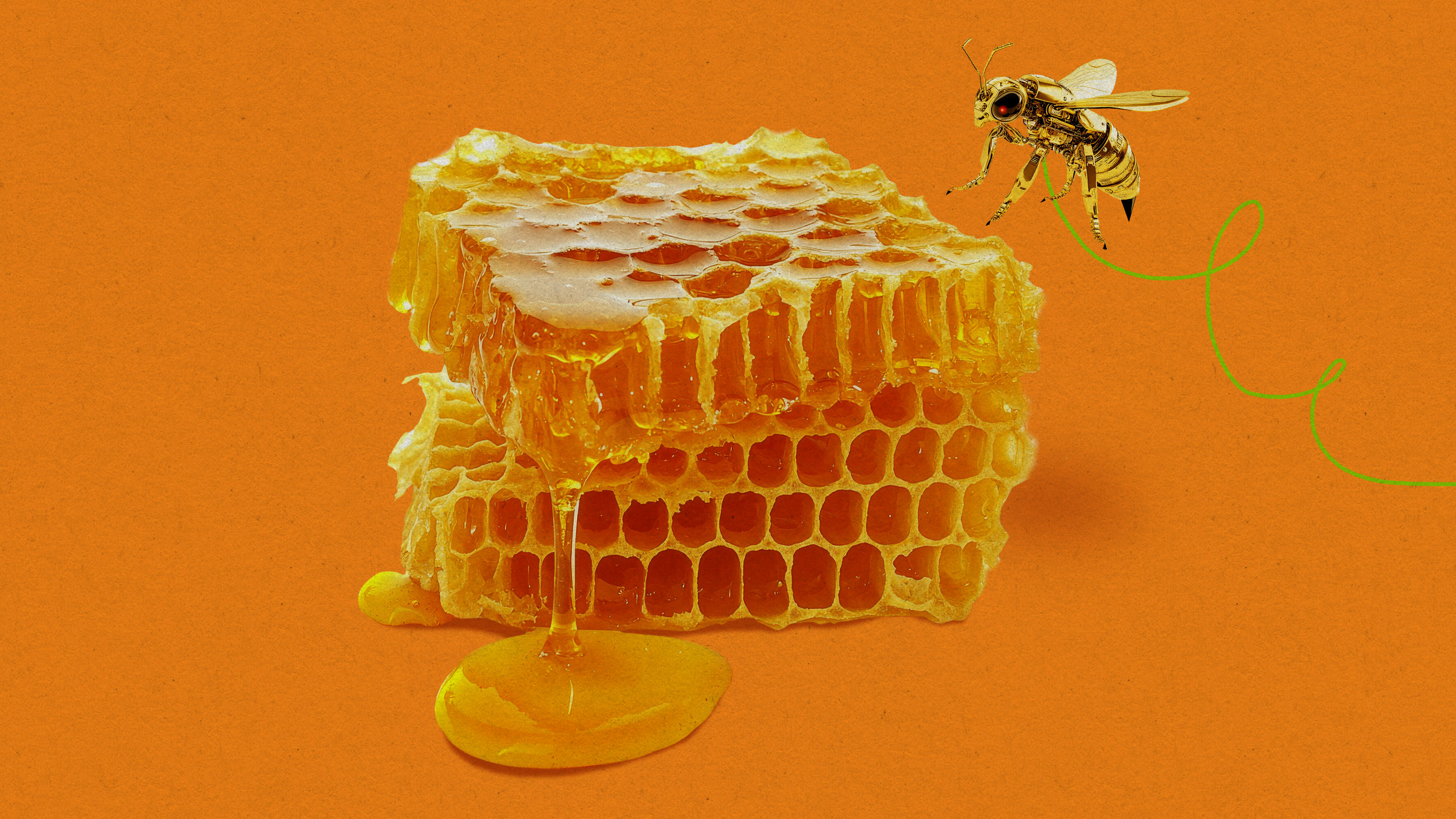 cyber drone landing on dripping honeycomb