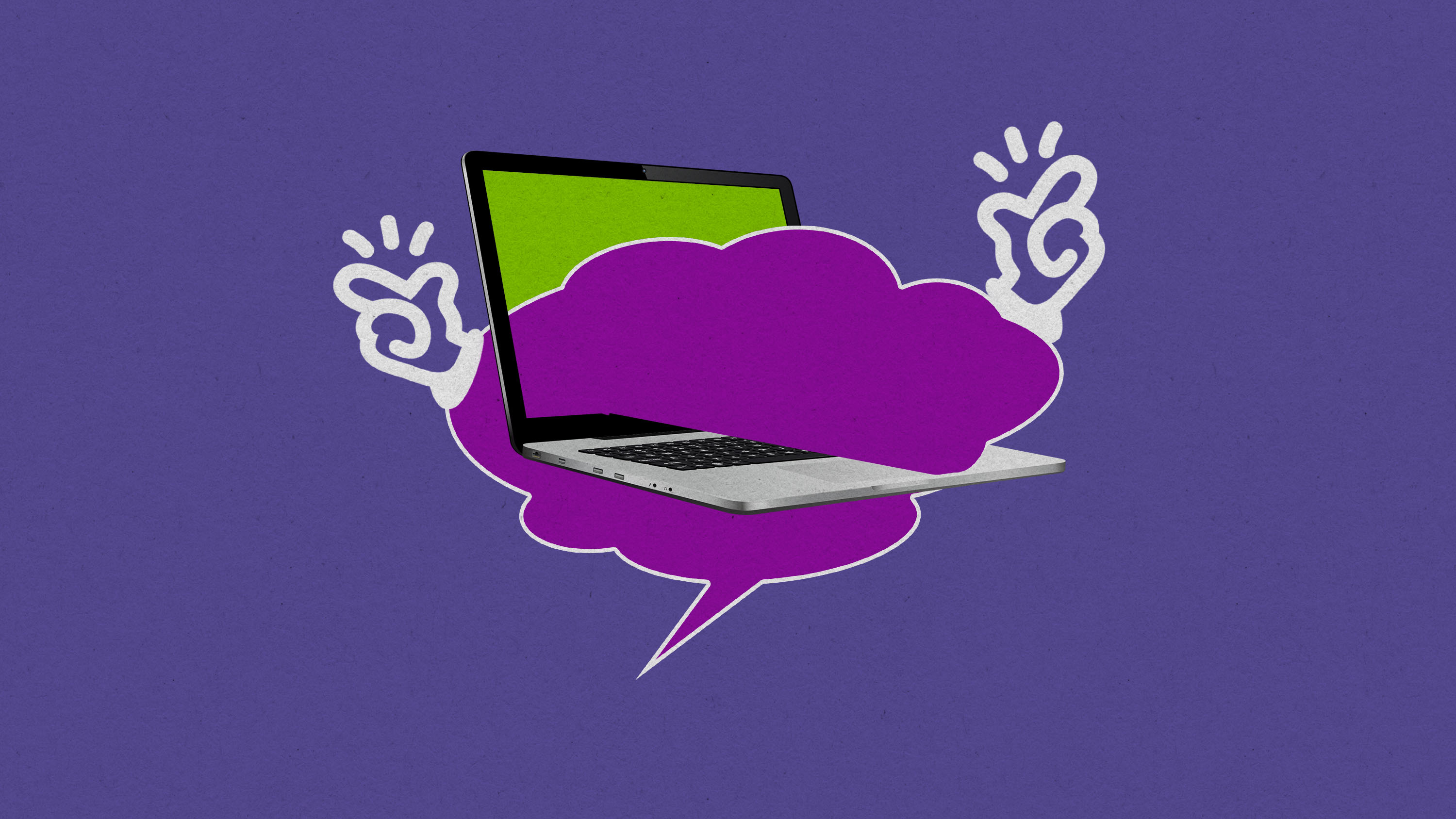 a chat bubble with two Manus logo hands intersects with a computer