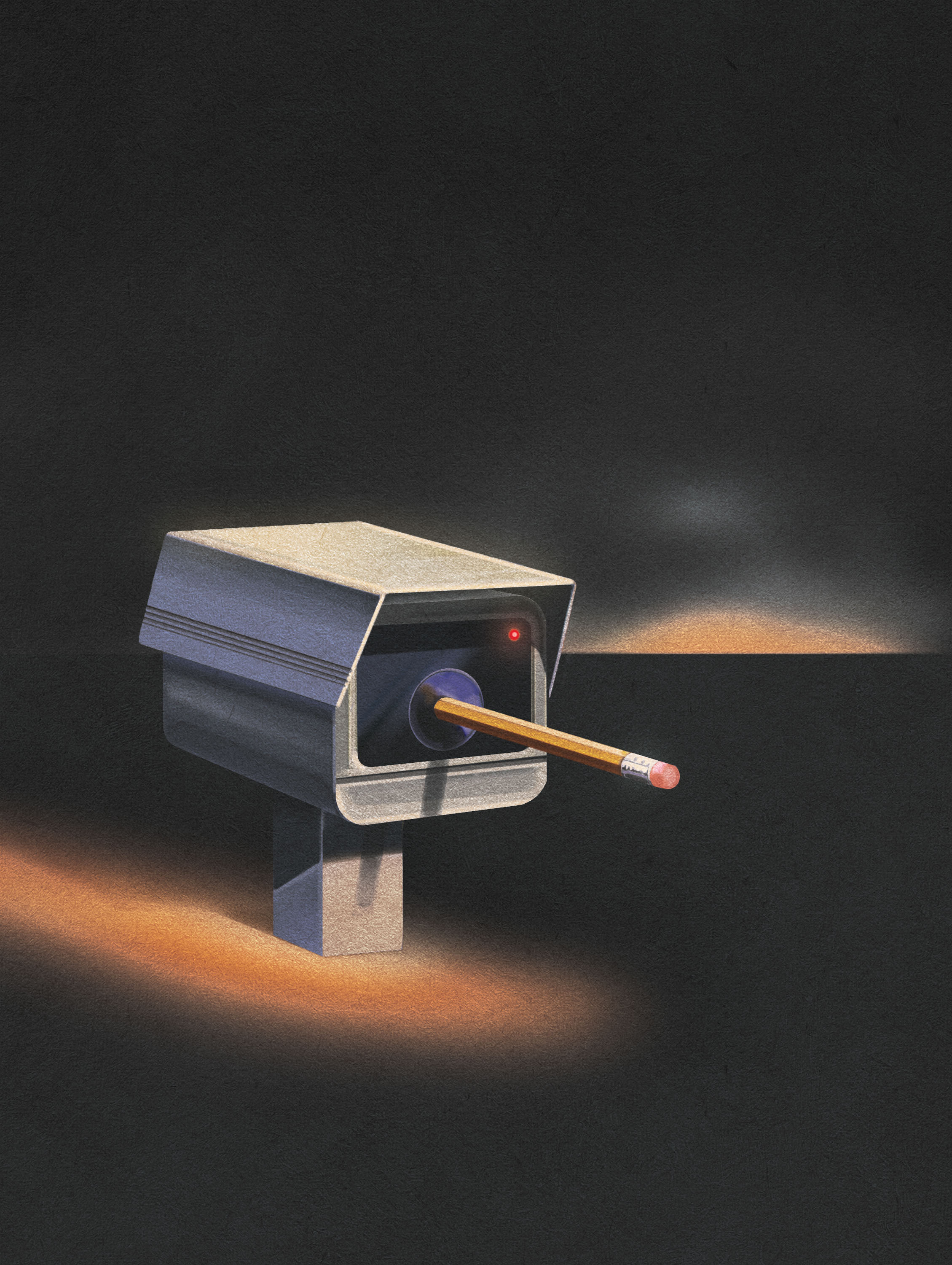 a pencil jammed into the aperture of a surveillance camera