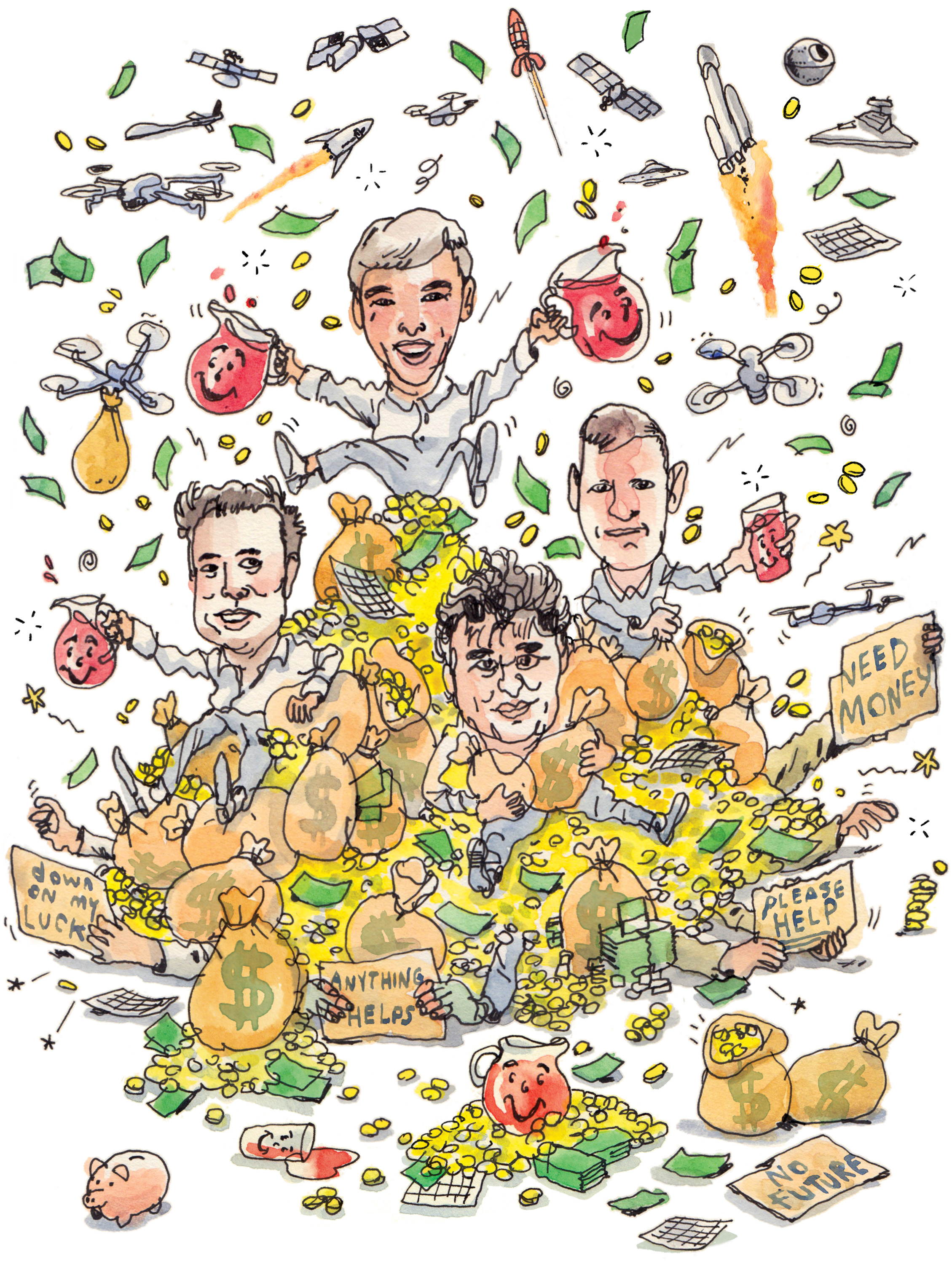 cartoon of 3 men in a pile of money and koolaid pitchers