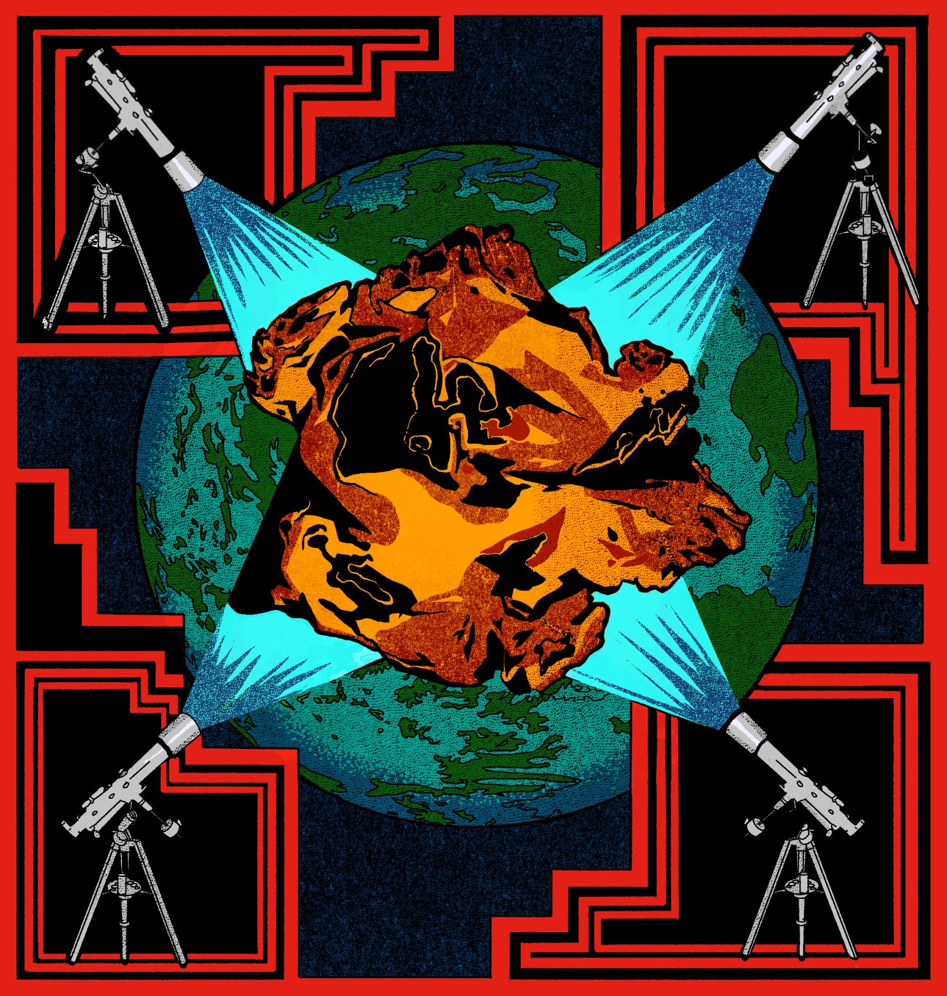 a telescope in each of the four corners points to an asteroid