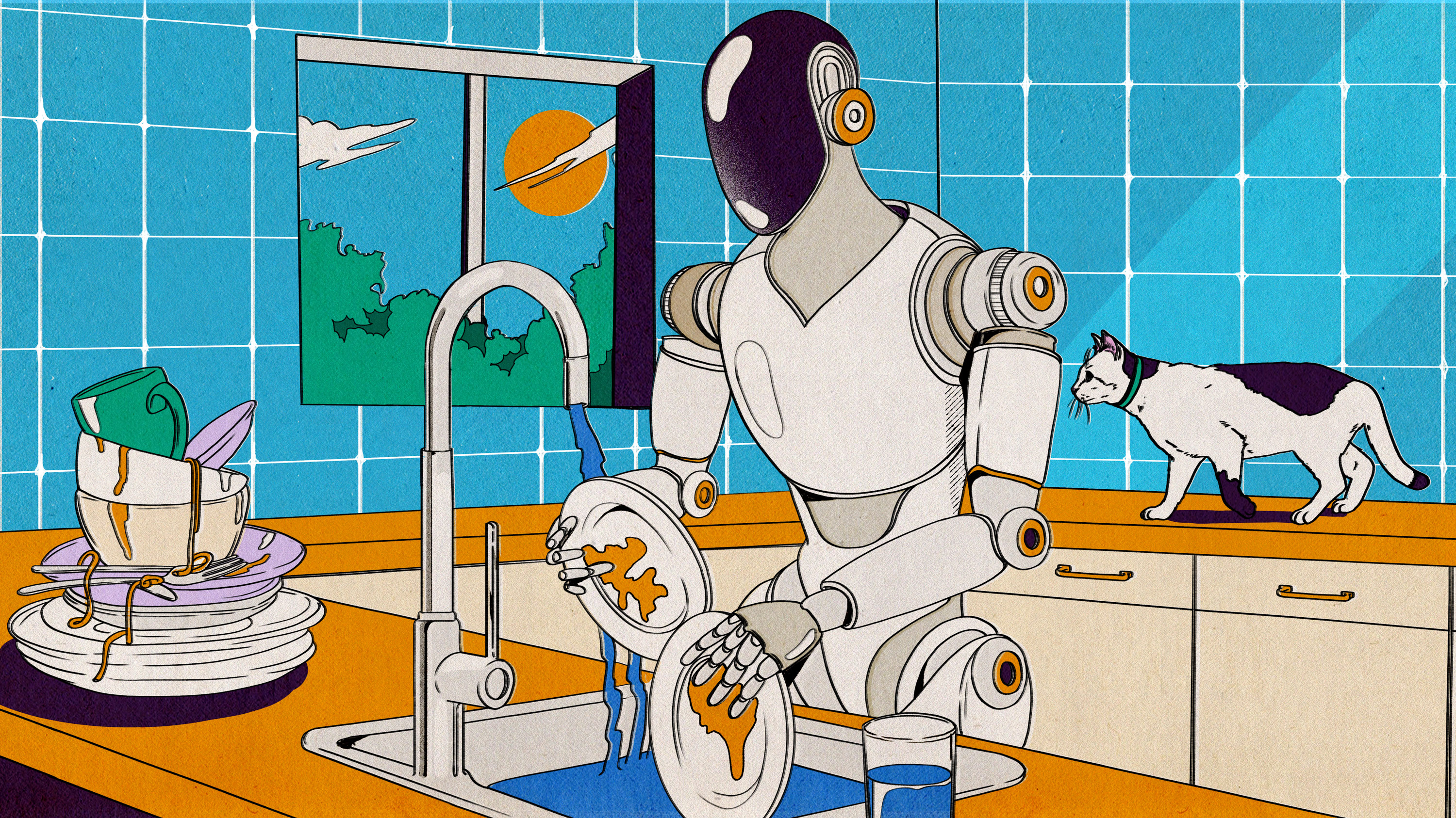 a humanoid robot stands at a kitchen sink, washing dishes