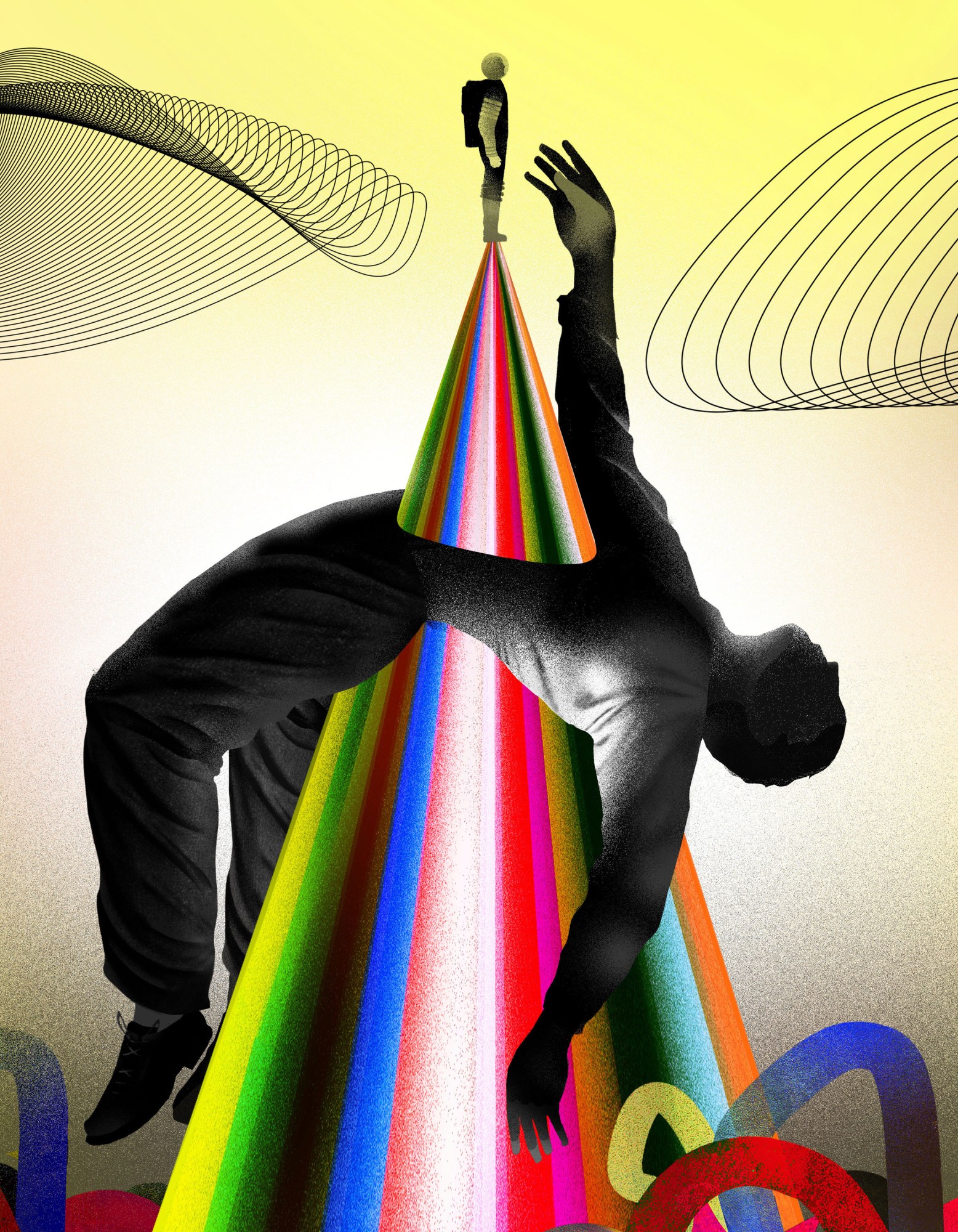 person impaled on a rainbow cone