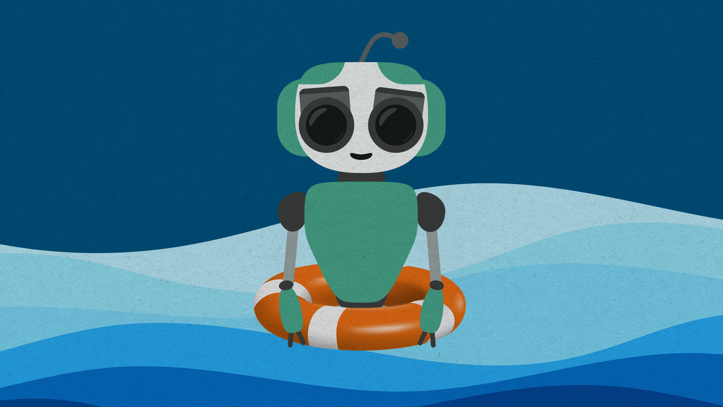 Therabot character in a life preserver at sea