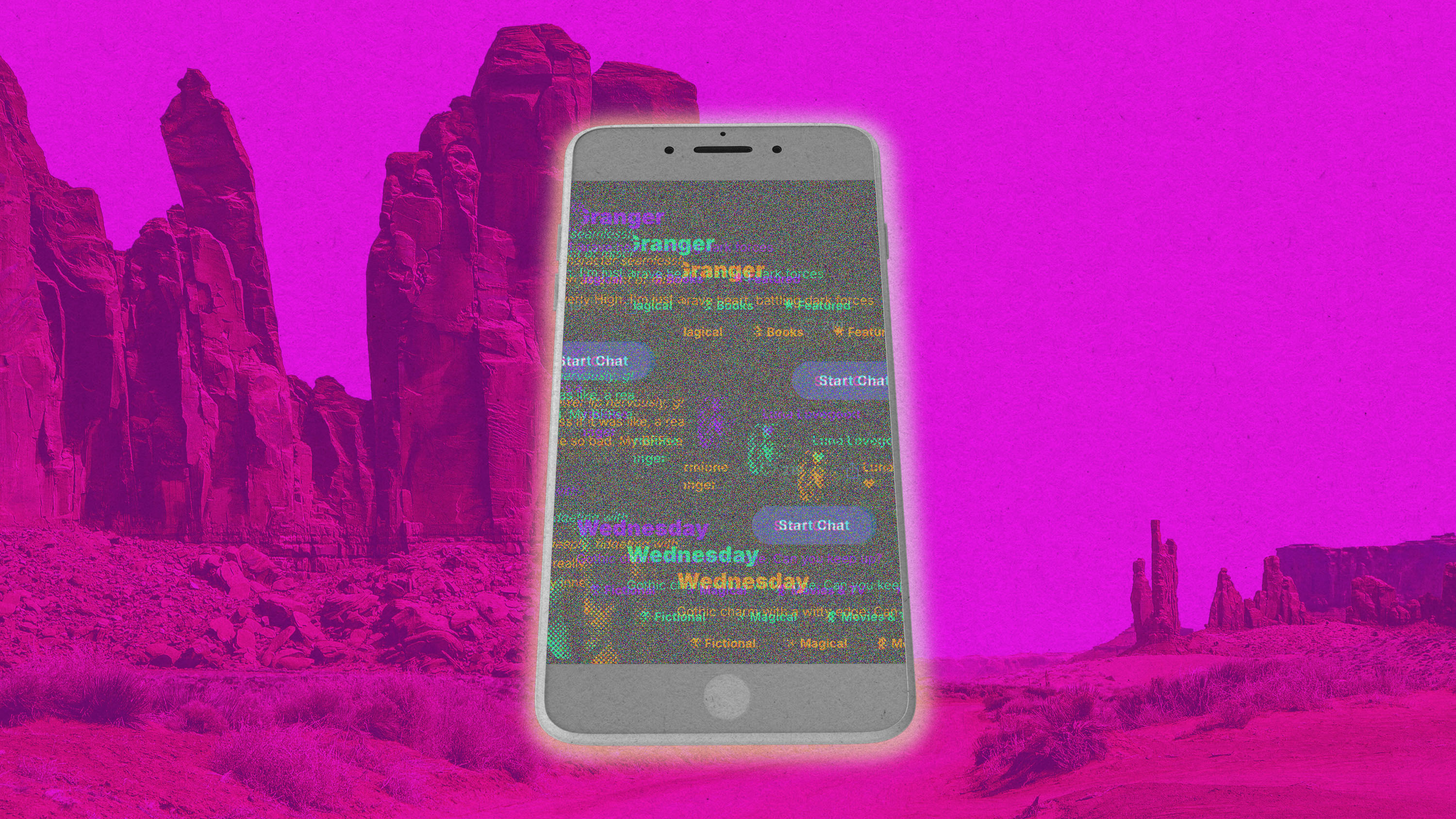 glowing phone with chat messages on a hot pink image of Monument Valley