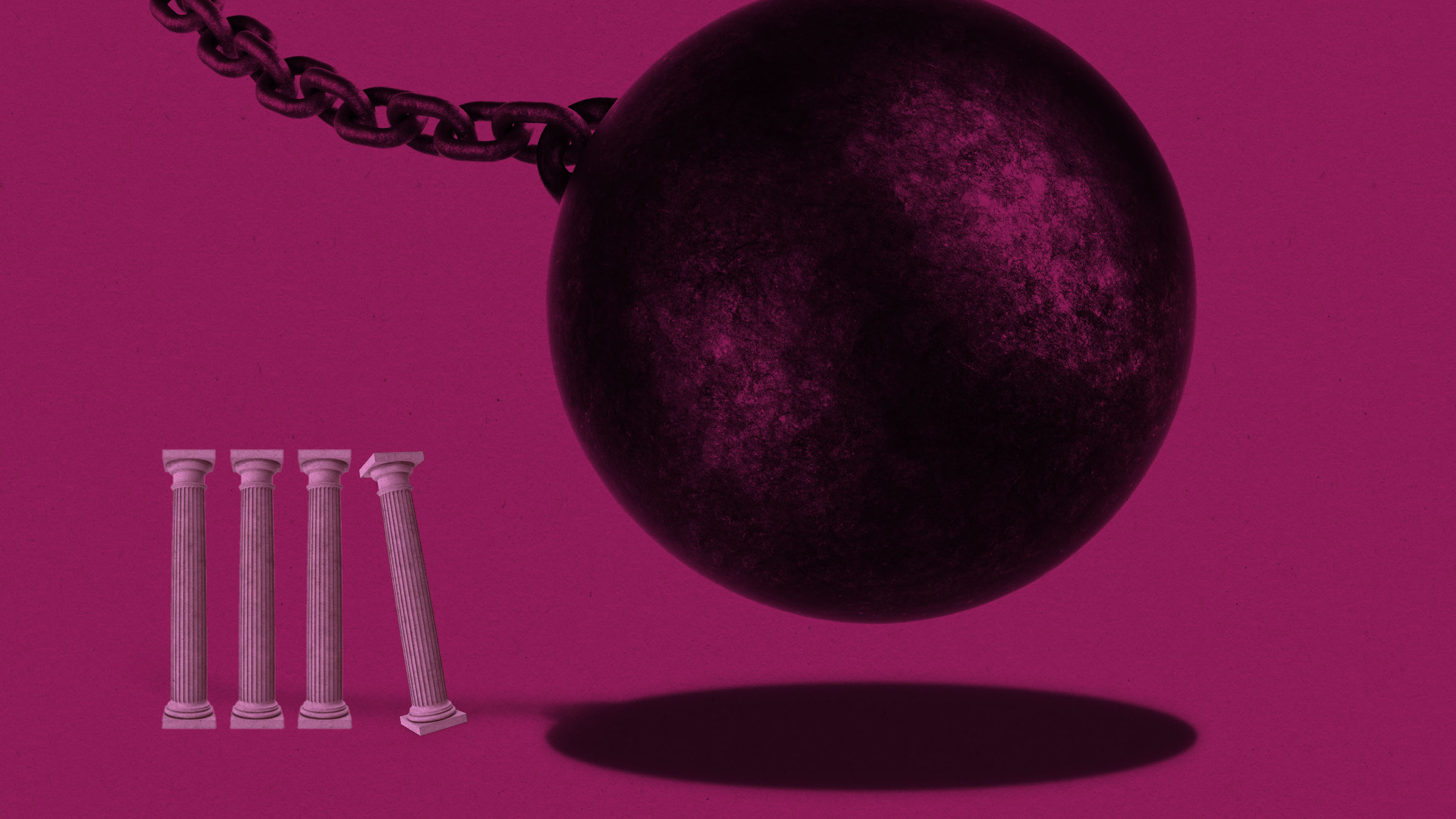 wrecking ball headed toward row of Doric columns