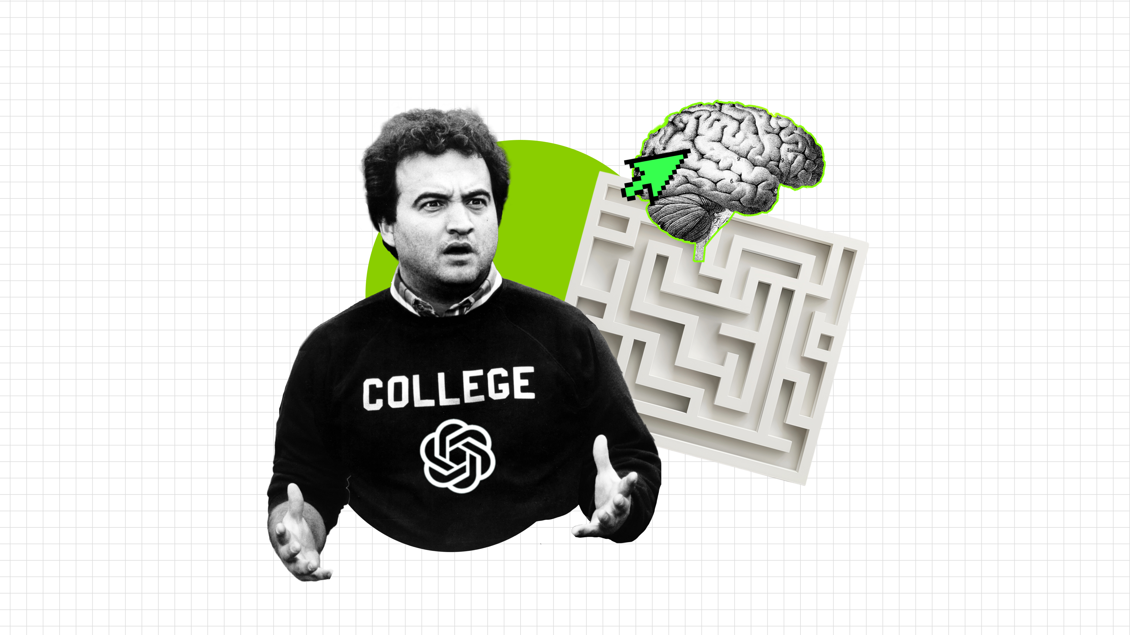 Belushi from Animal House wearing the &quot;college&quot; sweatshirt with the OpenAI logo added to it, stares dumbfounded at a maze and a brain with a cursor